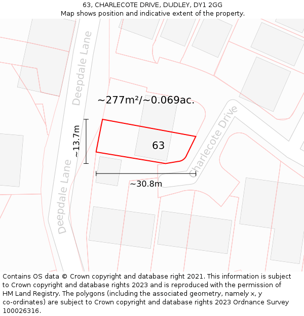 63, CHARLECOTE DRIVE, DUDLEY, DY1 2GG: Plot and title map