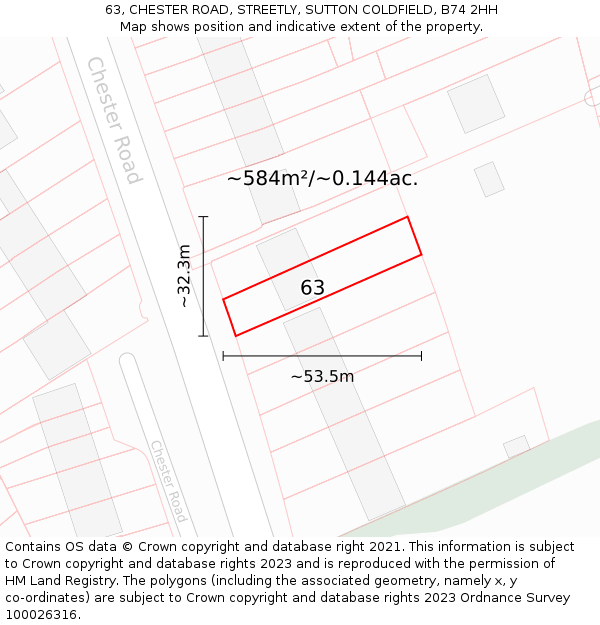 63, CHESTER ROAD, STREETLY, SUTTON COLDFIELD, B74 2HH: Plot and title map
