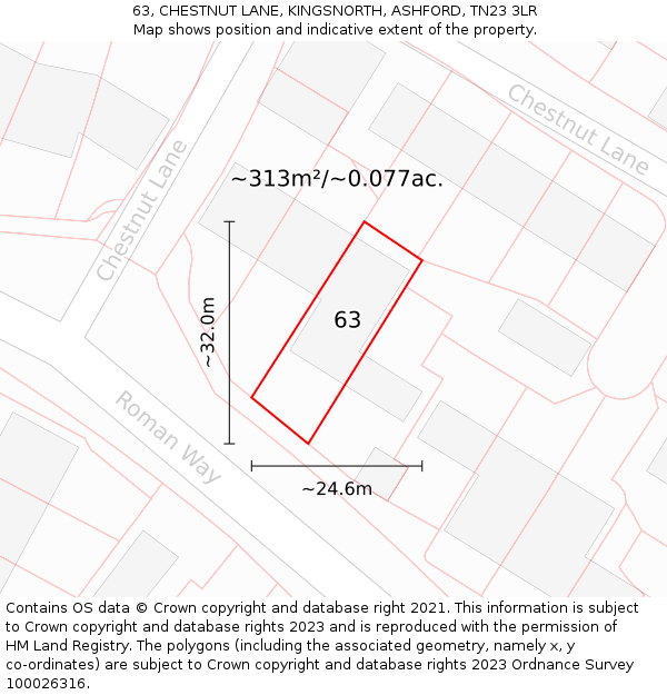 63, CHESTNUT LANE, KINGSNORTH, ASHFORD, TN23 3LR: Plot and title map