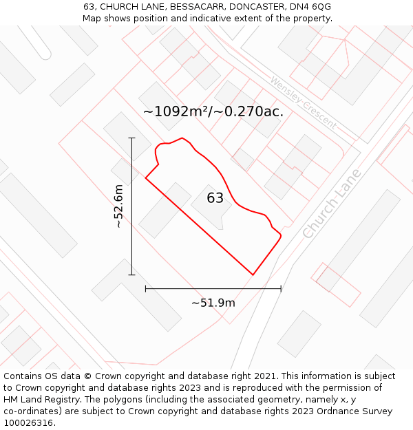 63, CHURCH LANE, BESSACARR, DONCASTER, DN4 6QG: Plot and title map