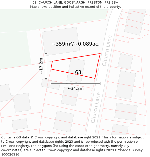 63, CHURCH LANE, GOOSNARGH, PRESTON, PR3 2BH: Plot and title map