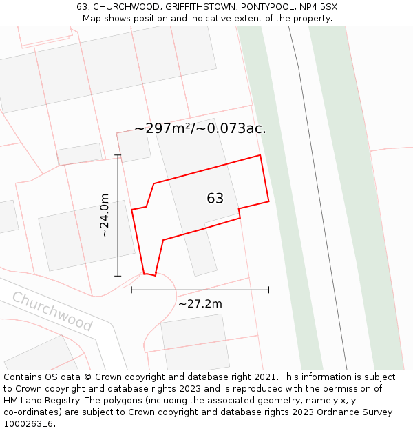 63, CHURCHWOOD, GRIFFITHSTOWN, PONTYPOOL, NP4 5SX: Plot and title map