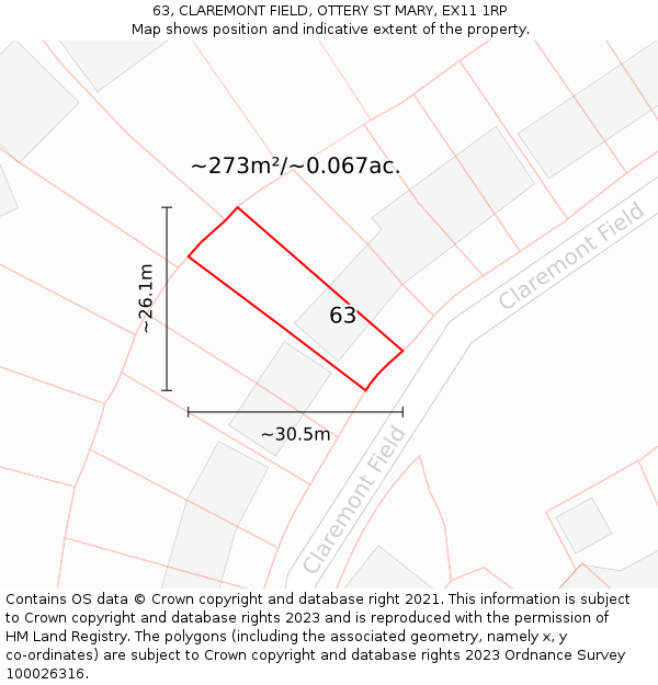 63, CLAREMONT FIELD, OTTERY ST MARY, EX11 1RP: Plot and title map