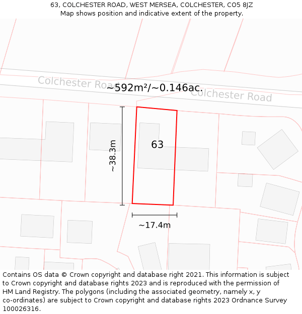 63, COLCHESTER ROAD, WEST MERSEA, COLCHESTER, CO5 8JZ: Plot and title map