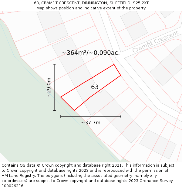 63, CRAMFIT CRESCENT, DINNINGTON, SHEFFIELD, S25 2XT: Plot and title map