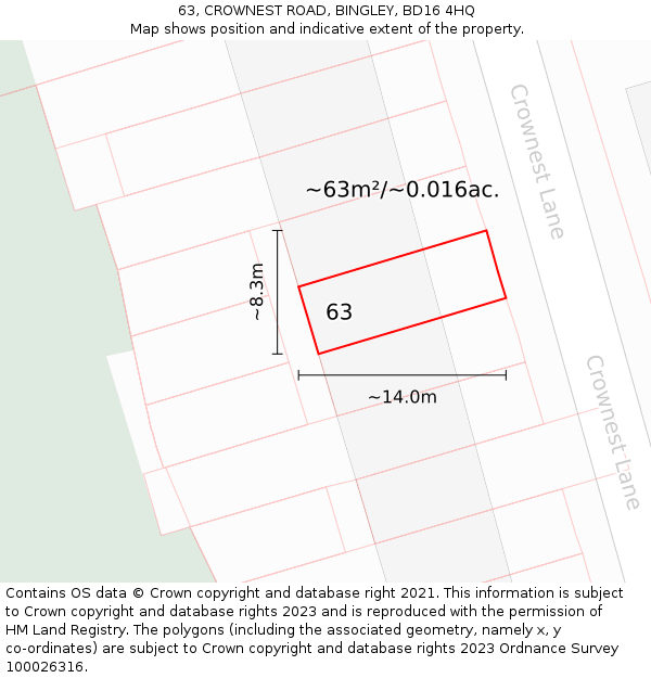 63, CROWNEST ROAD, BINGLEY, BD16 4HQ: Plot and title map