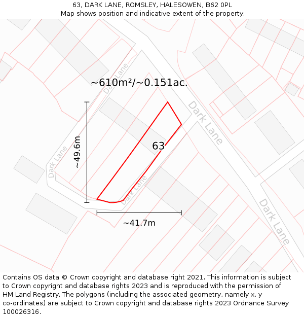 63, DARK LANE, ROMSLEY, HALESOWEN, B62 0PL: Plot and title map