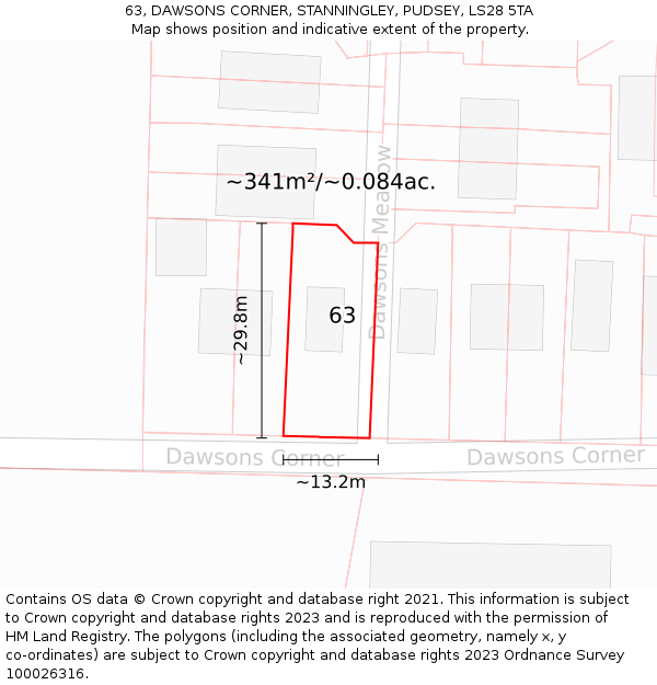 63, DAWSONS CORNER, STANNINGLEY, PUDSEY, LS28 5TA: Plot and title map