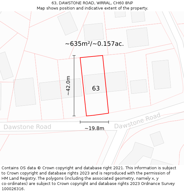 63, DAWSTONE ROAD, WIRRAL, CH60 8NP: Plot and title map