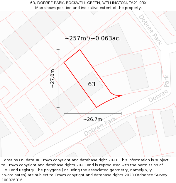 63, DOBREE PARK, ROCKWELL GREEN, WELLINGTON, TA21 9RX: Plot and title map