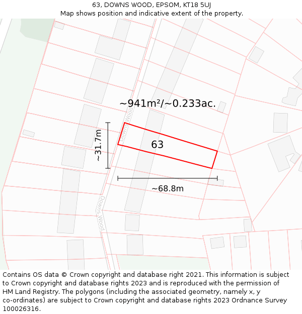 63, DOWNS WOOD, EPSOM, KT18 5UJ: Plot and title map