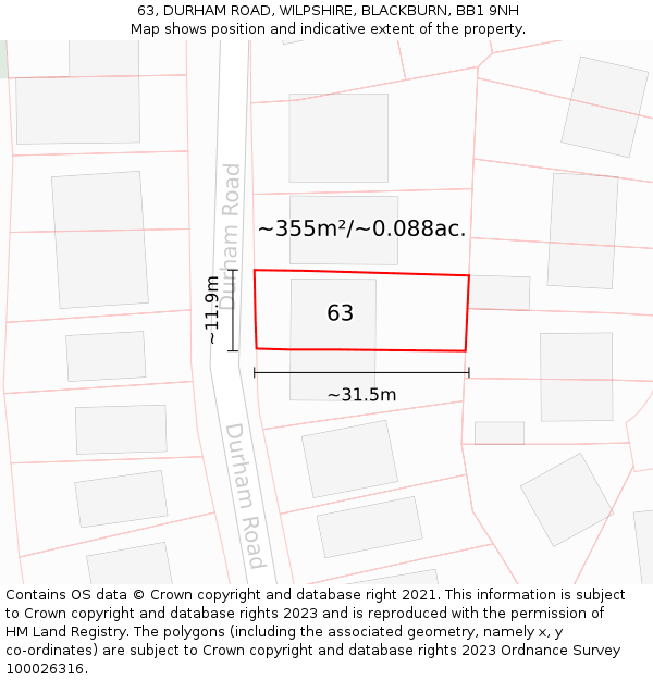 63, DURHAM ROAD, WILPSHIRE, BLACKBURN, BB1 9NH: Plot and title map