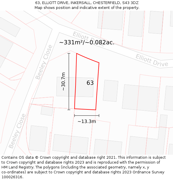 63, ELLIOTT DRIVE, INKERSALL, CHESTERFIELD, S43 3DZ: Plot and title map