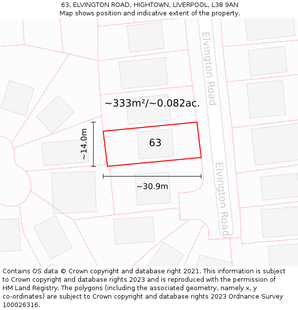 63, ELVINGTON ROAD, HIGHTOWN, LIVERPOOL, L38 9AN: Plot and title map