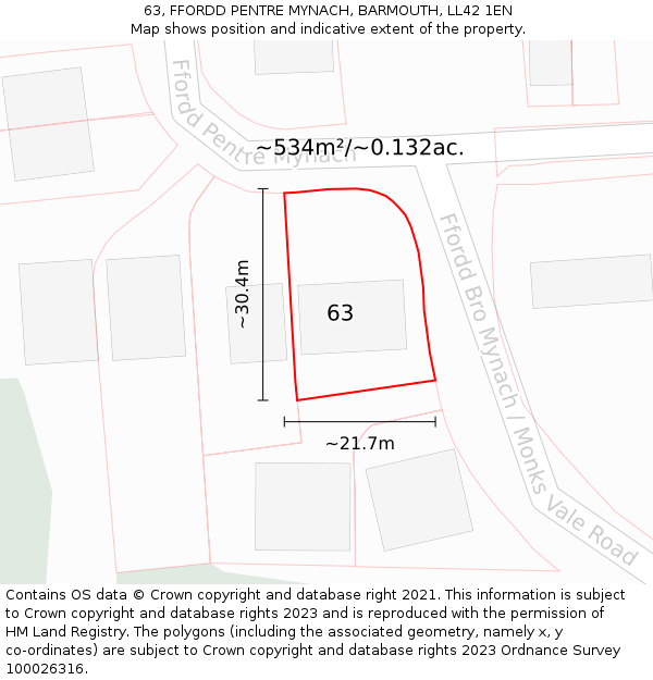 63, FFORDD PENTRE MYNACH, BARMOUTH, LL42 1EN: Plot and title map