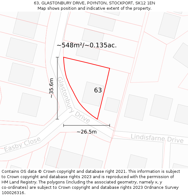 63, GLASTONBURY DRIVE, POYNTON, STOCKPORT, SK12 1EN: Plot and title map