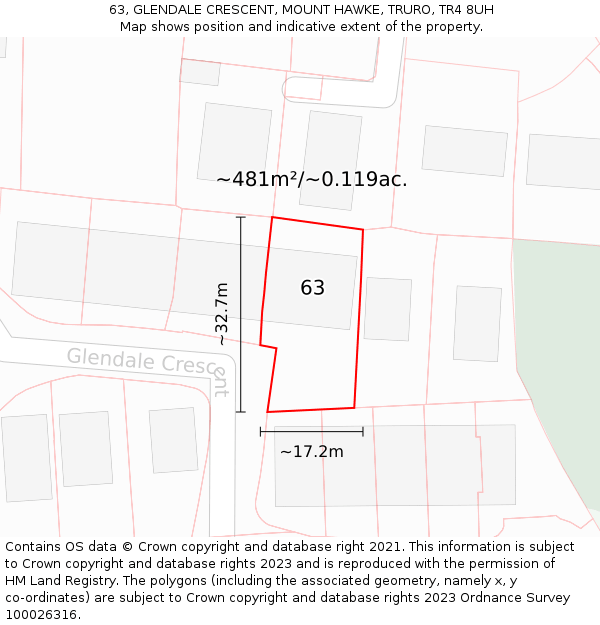 63, GLENDALE CRESCENT, MOUNT HAWKE, TRURO, TR4 8UH: Plot and title map