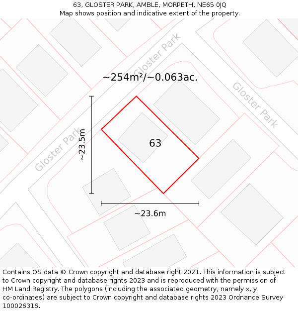 63, GLOSTER PARK, AMBLE, MORPETH, NE65 0JQ: Plot and title map