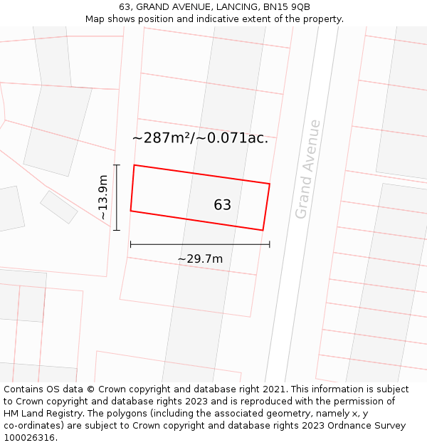 63, GRAND AVENUE, LANCING, BN15 9QB: Plot and title map