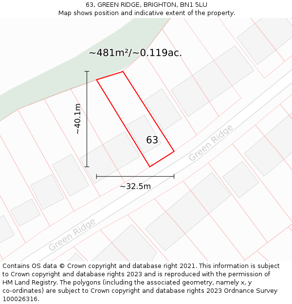 63, GREEN RIDGE, BRIGHTON, BN1 5LU: Plot and title map