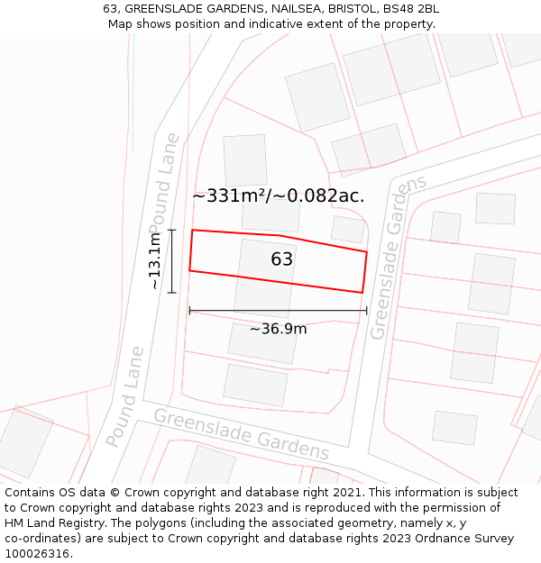 63, GREENSLADE GARDENS, NAILSEA, BRISTOL, BS48 2BL: Plot and title map