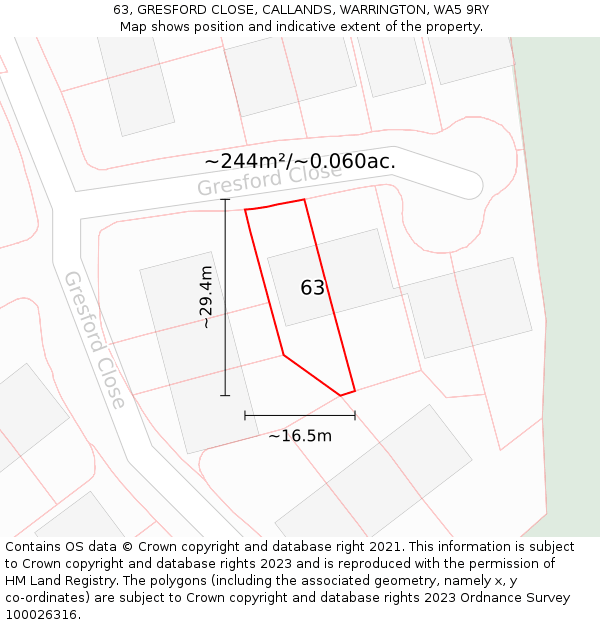 63, GRESFORD CLOSE, CALLANDS, WARRINGTON, WA5 9RY: Plot and title map