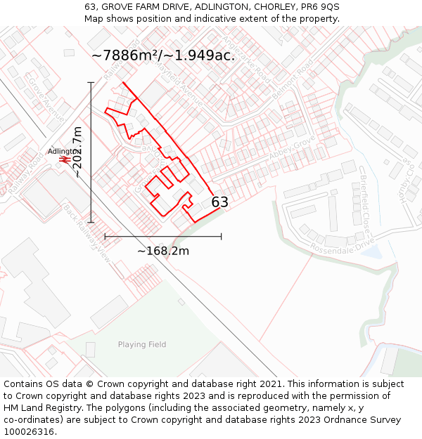 63, GROVE FARM DRIVE, ADLINGTON, CHORLEY, PR6 9QS: Plot and title map