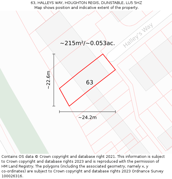 63, HALLEYS WAY, HOUGHTON REGIS, DUNSTABLE, LU5 5HZ: Plot and title map