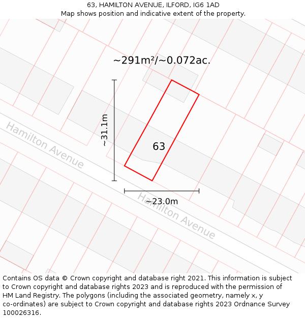 63, HAMILTON AVENUE, ILFORD, IG6 1AD: Plot and title map