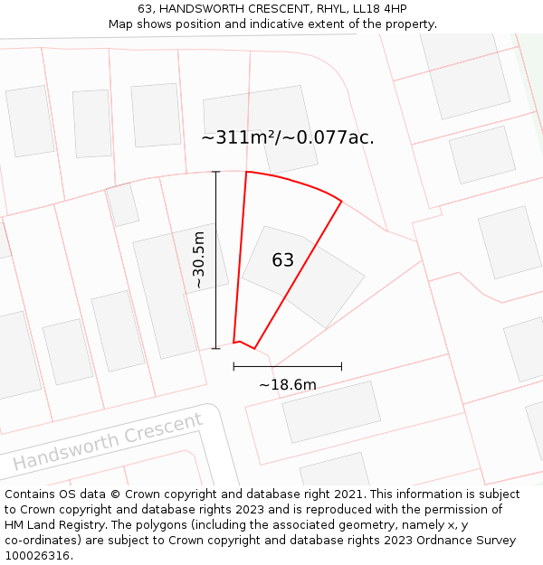 63, HANDSWORTH CRESCENT, RHYL, LL18 4HP: Plot and title map