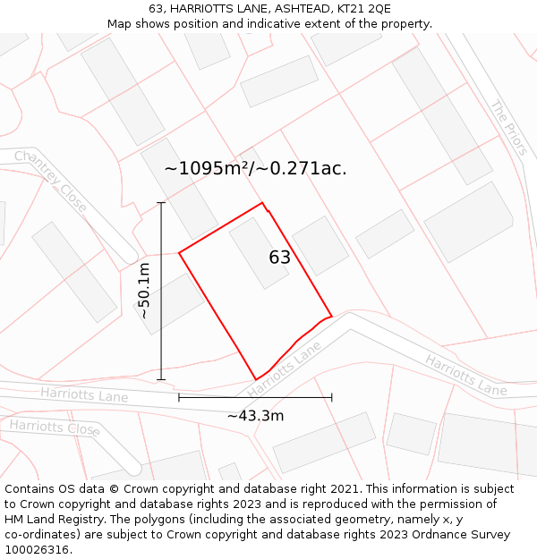 63, HARRIOTTS LANE, ASHTEAD, KT21 2QE: Plot and title map