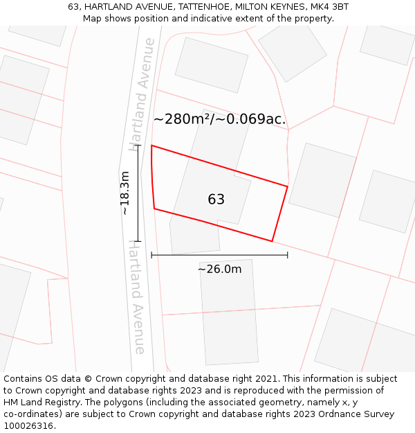 63, HARTLAND AVENUE, TATTENHOE, MILTON KEYNES, MK4 3BT: Plot and title map