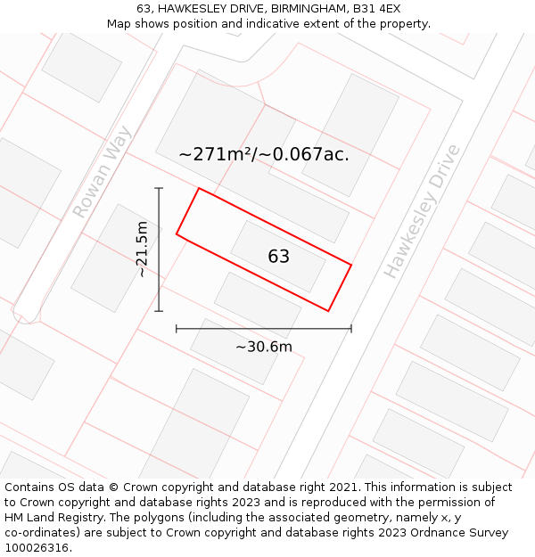 63, HAWKESLEY DRIVE, BIRMINGHAM, B31 4EX: Plot and title map