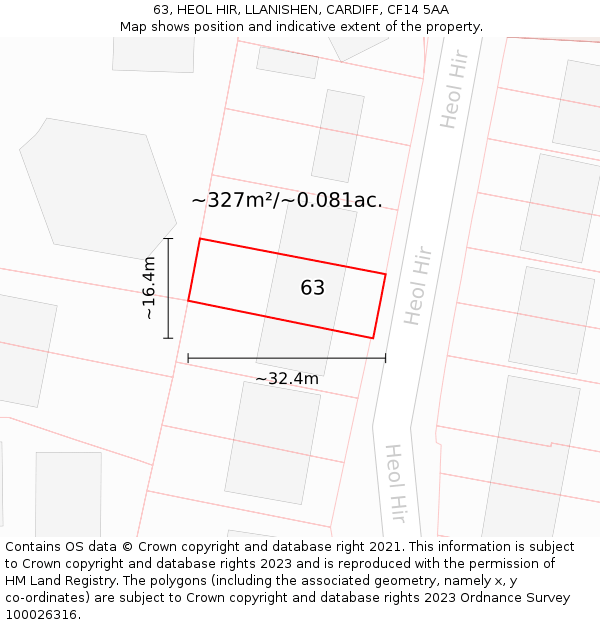 63, HEOL HIR, LLANISHEN, CARDIFF, CF14 5AA: Plot and title map