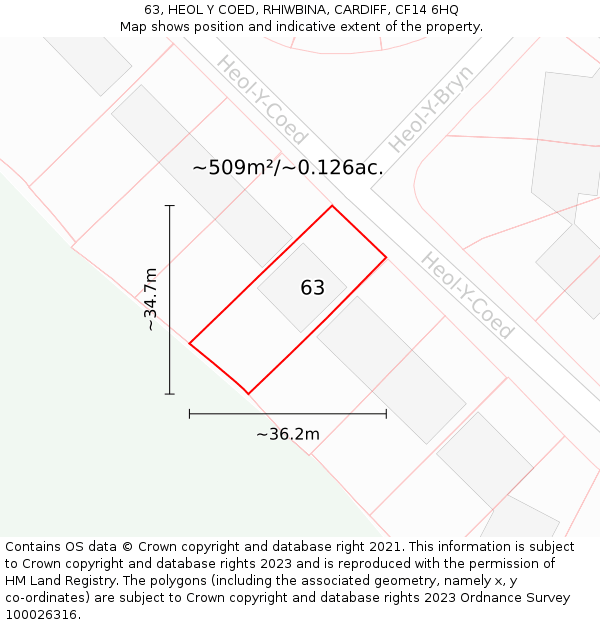 63, HEOL Y COED, RHIWBINA, CARDIFF, CF14 6HQ: Plot and title map