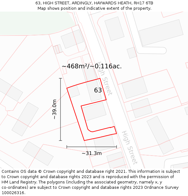 63, HIGH STREET, ARDINGLY, HAYWARDS HEATH, RH17 6TB: Plot and title map