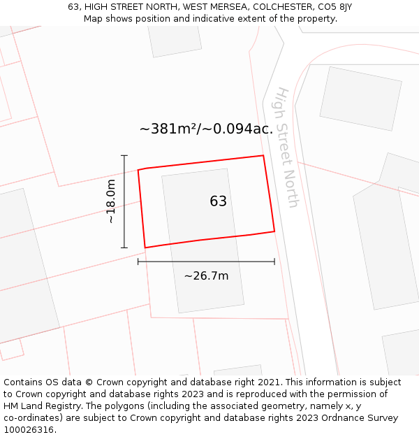 63, HIGH STREET NORTH, WEST MERSEA, COLCHESTER, CO5 8JY: Plot and title map