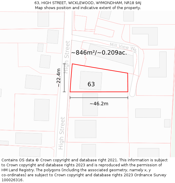 63, HIGH STREET, WICKLEWOOD, WYMONDHAM, NR18 9AJ: Plot and title map