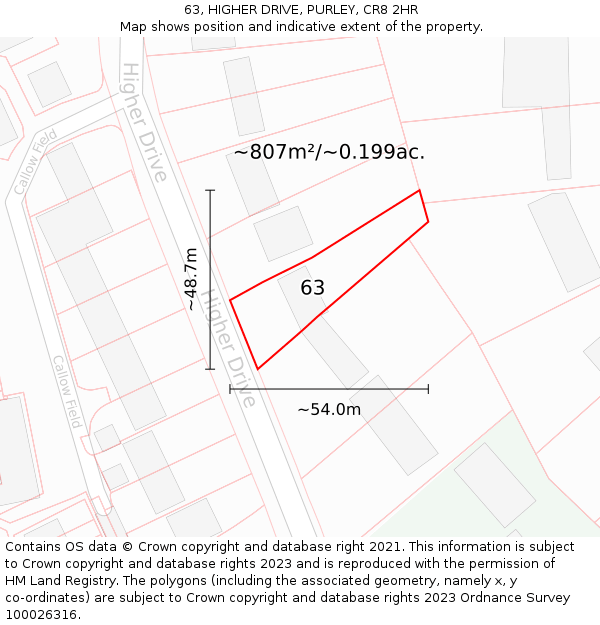 63, HIGHER DRIVE, PURLEY, CR8 2HR: Plot and title map