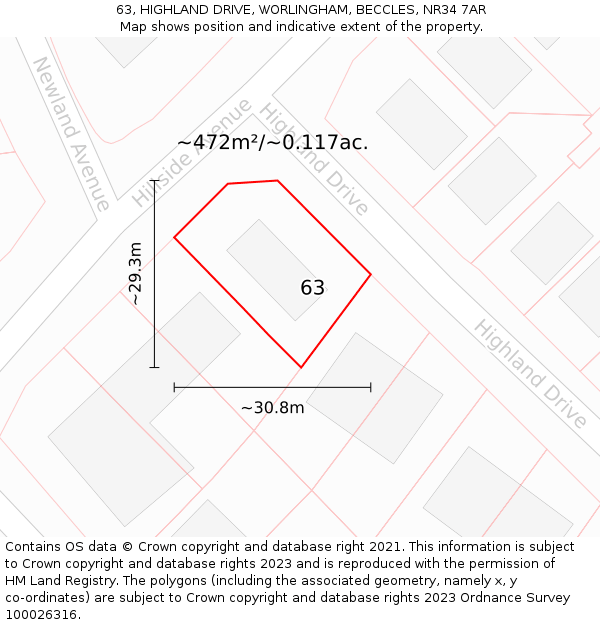 63, HIGHLAND DRIVE, WORLINGHAM, BECCLES, NR34 7AR: Plot and title map