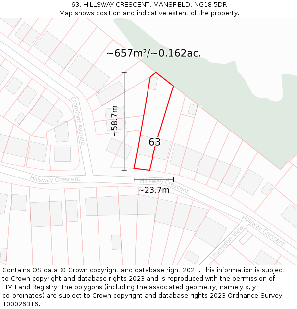 63, HILLSWAY CRESCENT, MANSFIELD, NG18 5DR: Plot and title map