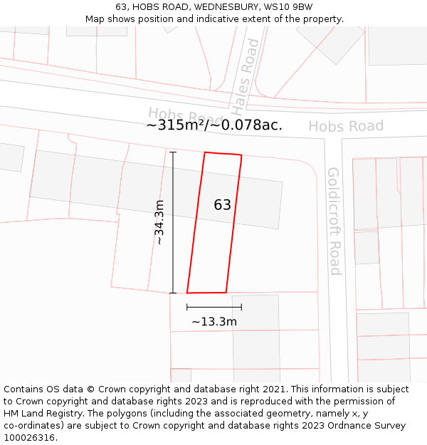 63, HOBS ROAD, WEDNESBURY, WS10 9BW: Plot and title map