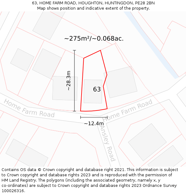 63, HOME FARM ROAD, HOUGHTON, HUNTINGDON, PE28 2BN: Plot and title map