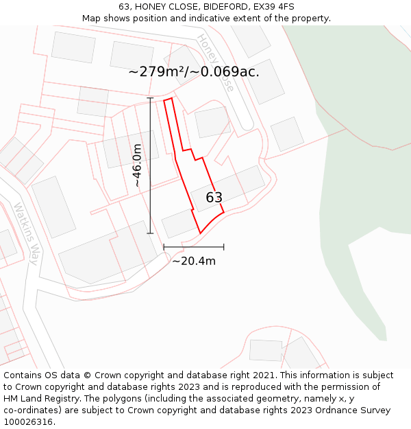 63, HONEY CLOSE, BIDEFORD, EX39 4FS: Plot and title map