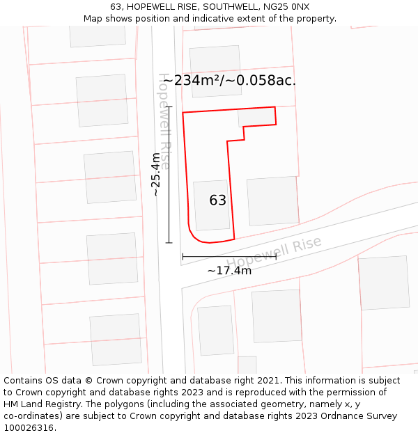 63, HOPEWELL RISE, SOUTHWELL, NG25 0NX: Plot and title map