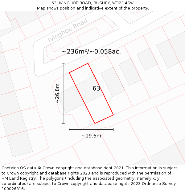 63, IVINGHOE ROAD, BUSHEY, WD23 4SW: Plot and title map