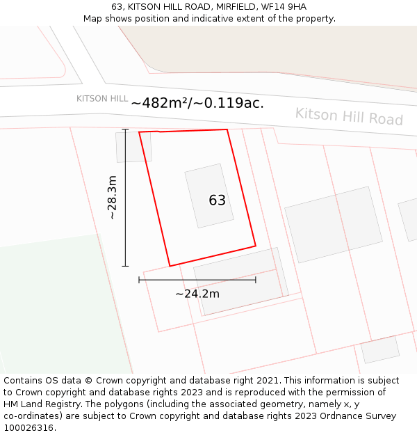 63, KITSON HILL ROAD, MIRFIELD, WF14 9HA: Plot and title map