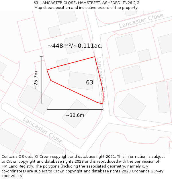 63, LANCASTER CLOSE, HAMSTREET, ASHFORD, TN26 2JG: Plot and title map