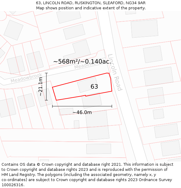 63, LINCOLN ROAD, RUSKINGTON, SLEAFORD, NG34 9AR: Plot and title map