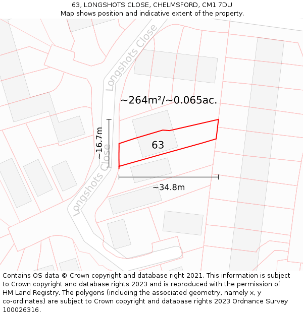 63, LONGSHOTS CLOSE, CHELMSFORD, CM1 7DU: Plot and title map